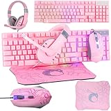 Gaming-Tastatur und Maus und Gaming-Headset & Mauspad, kabelgebundene LED RGB Hintergrundbeleuchtung Bundle für PC-Gamer – 4-in-1 Pink Edition Hornet RX-250