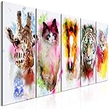 decomonkey Bilder Tiere Porträt 200x80 cm 5 Teilig Leinwandbilder Bild auf Leinwand Wandbild Kunstdruck Wanddeko Wand Wohnzimmer Wanddekoration Deko Aquarell Bunt Giraffe Katze Pferde Tiger H