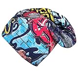 Wollhuhn ÖKO Jungen/Mädchen Coole Skater Graffiti Long-Beanie/Wende-Mütze Ganzjährig Blau/Bunt (aus Öko-Stoffen, Bio) 44445555 (Skater Graffiti blau, 52-54)