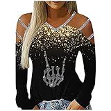 Bluse Damen Elegant Blusen Shirt Motiv Glitzer Langarmshirt Casual Mode Sweatshirt Pulli V-Ausschnitt Lose Pullover Langarm Sexy Oberteile Bluse für Frühling Herb