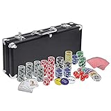 XMTECH Pokerset mit hochwertigen Chips Laser Pokerchips Poker 500 Chips inkl. 2X Pokerdecks, 5X Würfel, 1x Dealer Button, 2X Schlüssel, Aluminium-Gehäuse - Schw