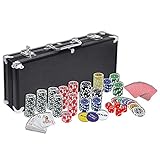 XMTECH Pokerset mit hochwertigen Chips Laser Pokerchips Poker 500 Chips inkl. 2X Pokerdecks, 5X Würfel, 1x Dealer Button, 2X Schlüssel, Aluminium-Gehäuse - Schw