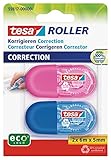 tesa Mini Korrekturroller ecoLogo - Band zur Korrektur auf Papier - Klein und ergonomisch - 6 m x 5 mm - Blau/Pink - 2er Pack