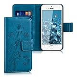 kwmobile Wallet Case kompatibel mit Apple iPhone SE (1.Gen 2016) / 5 / 5S - Hülle mit Ständer Kartenfächer Ranken Schmetterling Dunkelb
