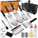 COFOF Grillspachtel Grillbesteck Set, Profi BBQ Werkzeugset Grillwender mit Edelstahl Pfannenwender, Grillzange und Tragetasche, Idee für Grillen im Freien, Teppanyaki und Camping