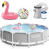 INTEX 305x76 cm Prism Metal Frame Swimming Pool Schwimmbecken 26702 mit Extra-Zubehör wie: Schwimmreifen und Strandb