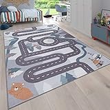 Paco Home Kinderteppich Spielteppich Teppich Kinderzimmer Junge Mädchen Tier Und Straßen Muster Creme Blau Grau, Grösse:140x200