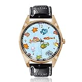 Armbanduhr Fisch-im Tiefsee-Design, analog, Quarz, goldfarbenes Zifferblatt, klassisches Lederband für Damen und H