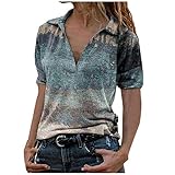 MRULIC Damen Oberteile Kurzarm Drucken Reverskragen T-Shirt Casual Tee Tops Pullover Retro Blusen Freizeit Frauen Pullover Shirts(Blau,M)