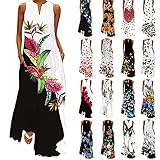 TUDUZ Frauen Sommer Vintage Boho Maxi Abend Party Kleid Elegant Strand Große Größen Blumenkleid V-Ausschnitt Ärmellos Lang Kleider(Mehrfarbig-E5,XXXXL)