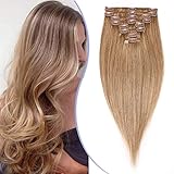 Elailite Haarteile Clip in Echthaar Haaverlängerung Extensions für komplette Haare 20cm 65g Full Head 8 Teiliges Set 18 Klammern Glatt 8' Human Hair #27 Dunkelb