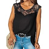 Masrin Damen T-Shirt Lässig Blumenstickerei Spitze Hohl Patchwork Tanktops O-Ausschnitt Einfarbig Ärmellose Weste Sommer All-Match Loose Tunika Bluse (L,Schwarz)