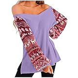 Baiomawzh Damen Off Shoulder Langarmshirt Weihnachten Elch Patchwork Langarm Sweatshirt Elegante V-Ausschnitt Sweater mit Seiten Schlitz Longshirt Jumper Damenmode BlusenM