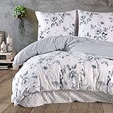 Bettwäsche 200x200 cm Baumwolle 3 Teilig Kissenbezüge 80x80 cm Reißverschluss Renforce Bettwäsche-Set Wendebettwäsche Geblümt Blumen Kischblüte, Farbe Grau Weiß