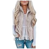 Frauen Reißverschluss Jacke Plüsch Revers Weste Lose Mantel Weste Oberbekleidung Fuzzy Sherpa Fleece Ärmellose Reißverschluss Strickjacke Herbst Einfarbig Tasche (Khaki-07, XXXL)