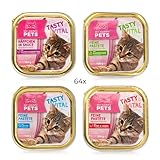 My Happy Pets 64x Katzenfutter in 4 verschiedenen Sorten - Alleinfutter-Mittel für ausgewachsene Katzen - Nass-Futter - Feine Pastete - 64x100g