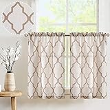 TOPICK Linen-Optik Gardinen Geometrische Scheibengardinen Marokkanische Vorhänge Verdunklung Küchenvorhang Kurz Küchengardinen für Küchen Esszimmer Badezimmer Klein Fenster Taupe 2er Set 65 x 90