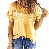 DOMBX Damen Sommer Kurzarm Aushöhlen Spitze Gepunktet Boho Leichte Weich Einfarbig Shirts Tunika Crop Tops Frauen Elegant Rundhals Jacquard Schlanke Passform Legere Geschäftskleidung T-Shirt B