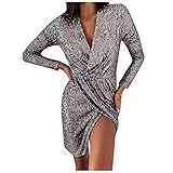 TTLOVE Damen Kleid Knielang Langärmelig Midikleid Strandkleid Elegant Abendkleid Party Kleid V-Ausschnitt Sexy Minirock