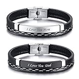 PJ JEWELLERY I Love You Mom Dad-Edelstahl Geflochtenes Leder ID Manschette Armbänder, My Mom Dad Armband Graviertes ID Armband Beste Mama Papa für Mama Papa zum Geburtstag