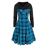 Damen Ladies Checked Shirt Dress Gothic Kleid mit Kapuze, Frauen Kleider Kariert Kapuzenkleid Casual Plaid Print Classic Style Langer Rock Langarm Mit Kap