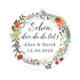 48x personalisiert 40mm Kranz Hochzeitssticker - Schön, dass du da bist! Aufkleber für Goldene Hochzeit,Taufe,Geburtstag Feier,Gastgeschenk,Tischdeko,Flaschen,Tüten,Briefen,Einladungen -Rd 259 dass16