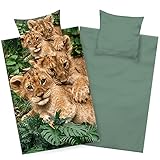 Aminata Kids Bettwäsche Löwen Tier-Motiv 135x200 Baumwolle - Kinder-Wende-Bettwäsche-Motiv-Set - Löwe Jungen & Mädchen - Dschungel-Safari-Zoo-Tiere-Motiv mit Reißverschluss - Löwen-Baby