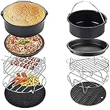 Air Fryer Zubehör Multifunktionale Fritteuse Zubehör Set Inklusive Pizzablech, 7 Zoll Metallhalter, Silikonmatte, Kuchenfass Spieß Rack für Home Kü