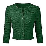 Vertvie Damen Bolero Kurze Strickjacke 3/4 Ärmel Cardigan Elegante Jacke Rundhalsausschnitt Stricken Strickweste mit Knopf(EU L/Tag M, Dunkelgrün)