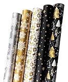 Weihnachts Geschenkpapier Set 5 Rollen Edel Modern Weihnachtspapier und Geburtstagspapier für Modernes Stylische Weihnachten oder Geburtstags Xmas Merry Christmas Schwarz Goldenes Weißes Silber (Set2)