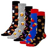 CNNIK 5 Paare Wadensocken für Herren, Bier Hamburg Pommes Frites Wurst Multicolor Fashion Neuheit Funny Cartoon Cotton Sock