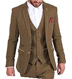 MoranX Casual Herren Anzüge 3 Teilig Wolle Kariert Fischgrätenmuster Tweed Smoking Business Jacke Blazer Weste Hose Hochzeitsanzug(Braun,60)