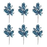 Künstliche Weihnachtsblumen, glitzernder Weihnachtsstern, Weihnachtsbaumschmuck, Glitzer-Beeren, Stiele für selbstgemachte Tafelaufsätze, Weihnachten, Hochzeit, Party, Dekoration, Blau, 6 Stück