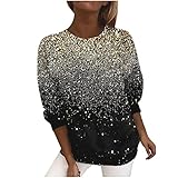 Frauen Langarmshirt Rundhals Oberteil Tunika Tshirt Tops Elegant Langarm Pullover Basic Sweatshirt mit Glitzer Longshirt Frühling Herbst Streetwear Jumper Pailletten Blusenshirt Damen(Gelb,XXL)