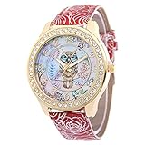 Dongxiao Uhren Klassisch Mode Top Marke Luxury Armbanduhr Damen Rose Muster Chronograph Armbanduhren Uhren Design Gold Strass Casual Watch Luxuriöse Armbanduhr (Color : Red)