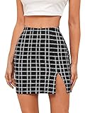 DIDK Damen Rock Karo Muster Röcke Minirock mit Schlitz Bleistift Elastische Bund Casual Damenrock Bodycon Kurzrock Schwarz S