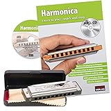 CASCHA Mundharmonika Anfänger Set mit englischer Schule, Blues Harmonica spielen lernen, inklusive Case, Pflegetuch und Lehrbuch, C Dur Harmonik