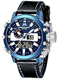 MEGALITH Herren Uhr Militär Chronographen Digitaluhr Sportlich LED wasserdichte Uhren Herren Blau Großes Digital Analog Armbanduhr Herrenuhr schwarz Leder Stoppuhr Alarm D