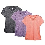 icyzone Damen Sport Fitness T-Shirt Kurzarm V-Ausschnitt Laufshirt Training Running Oberteile, 3er Pack (L, Charcoal/Lavender/Peach)