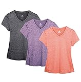 icyzone Damen Sport Fitness T-Shirt Kurzarm V-Ausschnitt Laufshirt Training Running Oberteile, 3er Pack (L, Charcoal/Lavender/Peach)