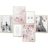 BLCKART Rose Paris Bilder Set Stilvolle Beidseitige Rosa Bilderwand Natur Blumen Wohnzimmer Deko Poster (L | 4X A3 | 2X A4 | ohne Rahmen, Rose Paris)