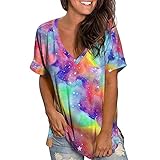 Damen Tshirt Sommer Oberteile Tie Dye Farbverlauf V-Ausschnitt T-Shirt Kurzarm Oversize T Shirt Teenager Mädchen Frauen Tee Top Tunika Bluse Hemd Pullover S