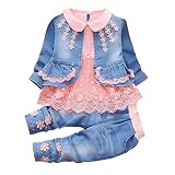 De feuilles Baby Mädchen Bekleidungsset 3 Stück Spitzen Blusen Denim Jacke Lang Hosen Kleinkinder Kleidung S