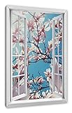 Pixxprint Zarte Rosa Magnolie Blüten, Fenster Leinwandbild | Größe: 120x80 cm | Wandbild | Kunstdruck