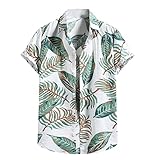 Gerfrwet T-Shirt Kurzarm Leinenhemden Für Herren Ethnischer Druck Strand Kurzarm Bluse Hemd Lässig Locker Hawaii-Blumenhemd Hip Hop XXL Weiß