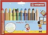 Buntstift, Wasserfarbe & Wachsmalkreide - STABILO woody 3 in 1 - 10er Pack mit Spitzer - mit 10 verschiedenen Farb