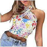 Crop Tops Damen Bauchfrei Bandeau Oberteile Blumen Print Halfter Vest Teenager Mädchen Mode Leibchen Schulterfrei Ärmellos Slim Fit Schlauchshirt Strand B