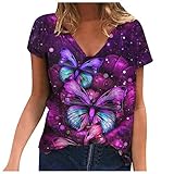 Masrin T-Shirt für Frauen Sommer lässig 3D Bunte Schmetterling Animal Print Tops Kurzarm V-Ausschnitt lose Tunika Bluse Streetwear(XXXXL,Violett)