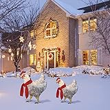 Weihnachtsdekoration Hühnerdekoration, Weihnachtsleuchtendes Huhn mit Schal Metallhuhn LED-Huhn-Statue Garten-Metallhuhn-Schilder für Gartenrasen-Weihnachtsfeier im Freien（Batterie inklusive,L+S）