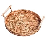 Dongbin Rundes Rattan-Tablett mit Griffen Tee Brot Couchtisch Servierkorb, Rattan Woven Storage Snack Obstteller Rundes Rattan-Tablett für Dinnerpartys,Gelb,28 * 4